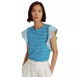Lauren Ralph Lauren Striped Flutter Sleeve Top Blue Medium